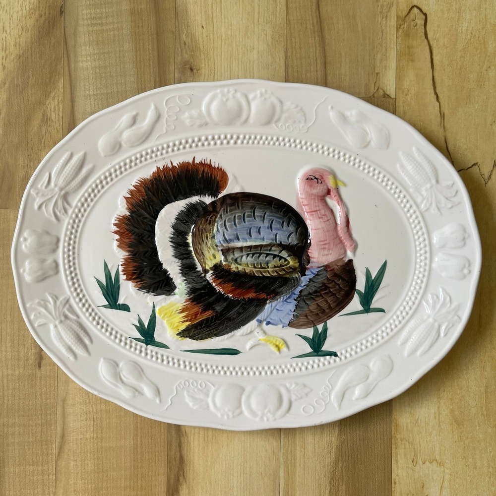Vintage Turkey Platter Thanksgiving Cermamic Japan Handpainted Kitsch Retro Fall